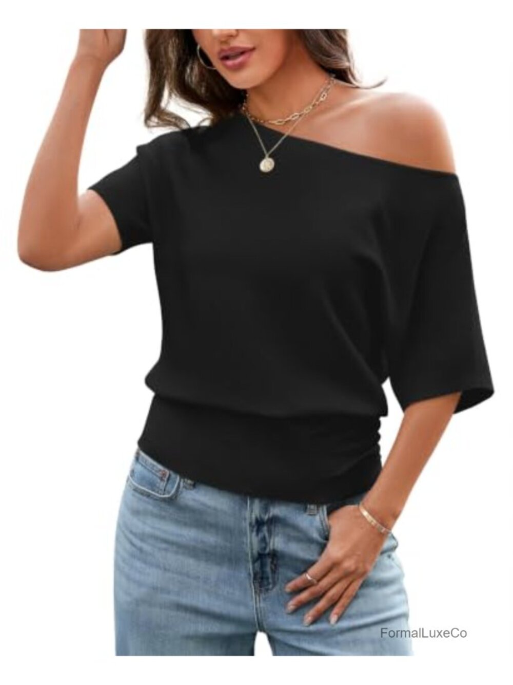 Women Off Shoulder Knit Sweater Short Sleeve Batwing Soft Cinched Waist Going